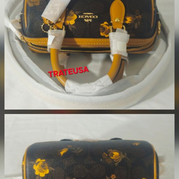 Mini Rowan Crossbody Bag In Signature Canvas Floral Print CCF31 Walnut Yellow - Picture 11 of 16